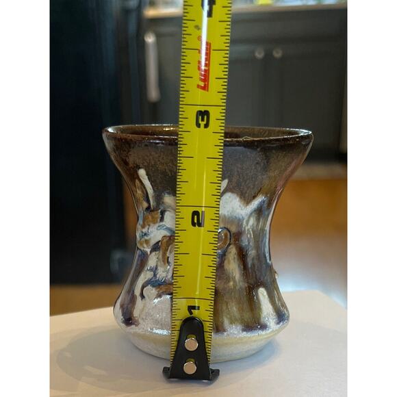 Vtg Studio Art Mini Vase Pottery Drip Glaze Embossed Forms Beige Brown Unsigned - Picture 8 of 8